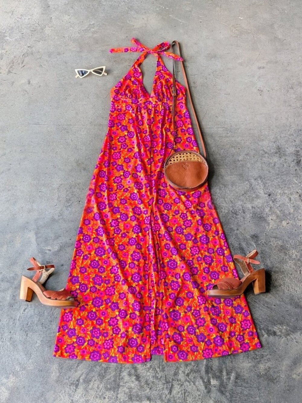 Vintage 70s Groovy Floral Orange Pink Purple Front Slit V-Neck Halter Maxi Dress